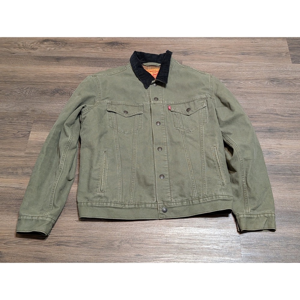 Levis Canvas Trucker Jacket Mens M Olive Green Flannel Lined Corduroy Collar
